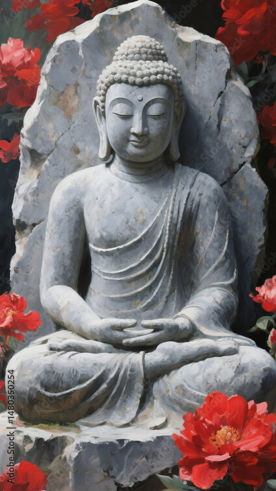 Fototapeta premium A serene oil painting background of the Buddha, radiating timeless peace and spiritual calm.