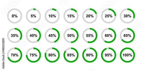Loading circles. Progress circles from 0 to 100 percent