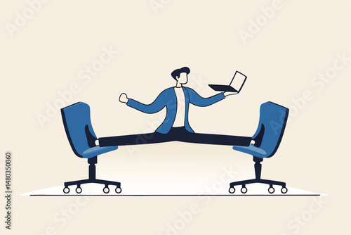 Flexible work, let employee manage their working time to finish project concept, smart relax businessman working with laptop computer stretching his leg between chairs balance like yoga.