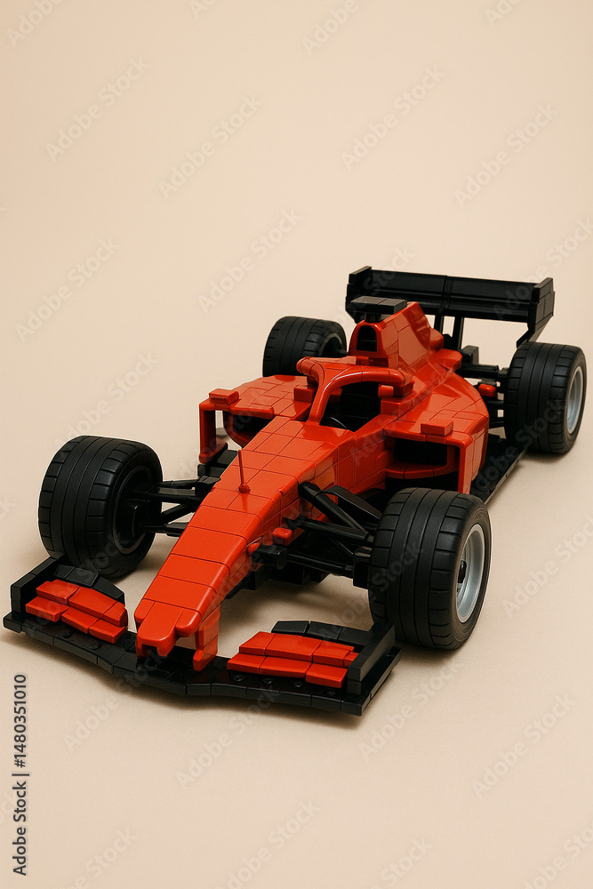 Fototapeta premium Red Formula Race Car Made from Toy Building Bricks on Beige Background 