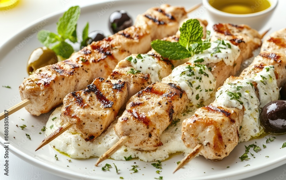 Grilled chicken skewers with creamy sauce Grilled chicken skewers with creamy sauce