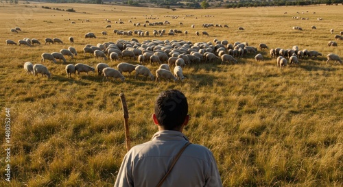 Shepherd with flock of sheep - Photo