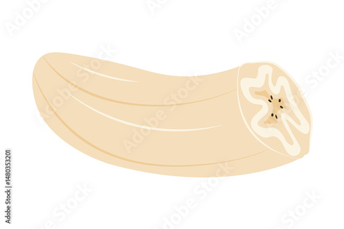 Peeled banana. Ripe banana fruit without skin, healthy vegetarian snack cartoon flat style on white background, raw tropical food dessert. Vector banana illustration