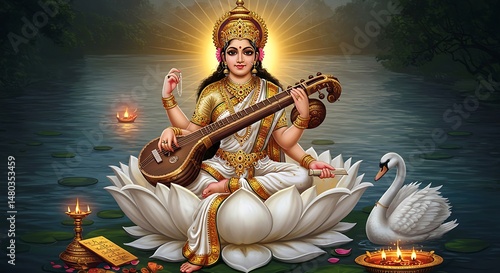 Saraswati on Lotus with Veena