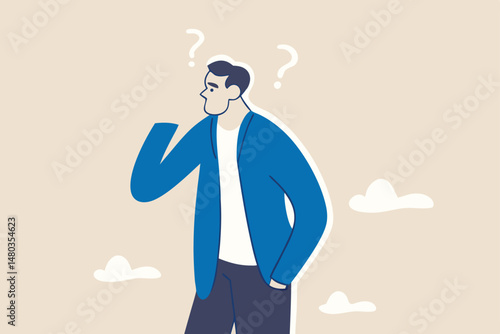 Skeptical, distrust or questioning about business deal, thinking to make decision, doubtful or confusion concept, businessman with suspicious gesture thinking about things with question mark signs.