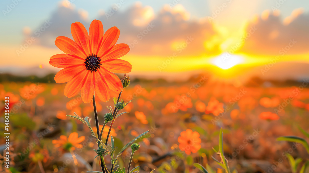 Vibrant orange flower stands tall in a sunlit field, surrounded by blooming petals, capturing the essence of nature's beauty at sunset Vibrant orange flower stands tall in a sunlit field, surrounded by blooming petals, capturing the essence of nature's beauty at sunset