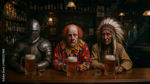 Wallpaper Mural An unlikely trio—a medieval knight, a sad clown, and a Native American chief—sit side-by-side at a dimly lit, classic bar, each with a large mug of beer. Torontodigital.ca