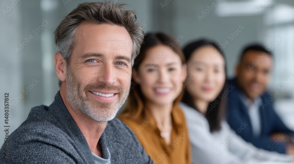 Smiling Diverse Team in Meeting Row Looking at Camera Smiling Diverse Team in Meeting Row Looking at Camera