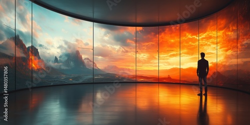 Fototapeta Naklejka Na Ścianę i Meble -  a man standing in front of a large curved LED screen displaying a 3D immersive landscape, empty space on the right for text
