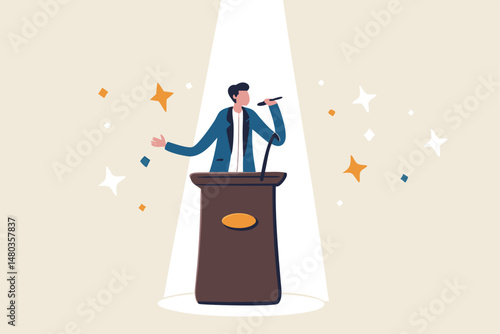 Public speaking skill, confident, charisma, hand gesture, voice and expression to win the audience concept, confidence businessman speaking in public on stage with podium, microphones, spotlight on.