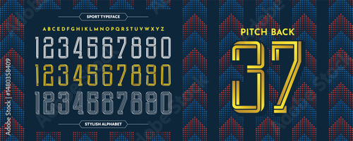 Pitch Back 37: Sport upper lines gold number design. Jersey concept with good red-blue color. Typography condensed Vector illustration