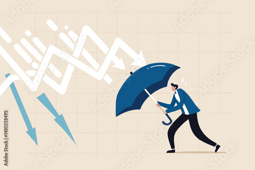 Protection or defensive stock in economy crisis or market crash, business resilient to survive difficulty or insurance concept, businessman holding umbrella to cover and protect from downturn arrow.