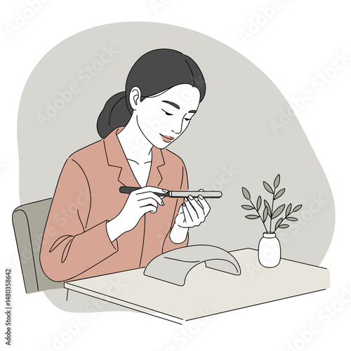 Woman filing nails with a nail file at a table in a minimalist style - concept

