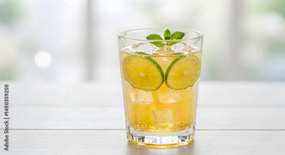 Refreshing Limeade Drink with Mint Leaves and Cubed Ice on White Table Refreshing Limeade Drink with Mint Leaves and Cubed Ice on White Table