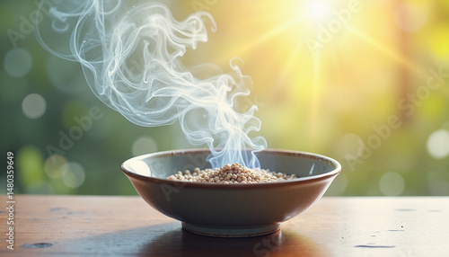 Bowl with burning herbs releasing smoke under sunlight outdoors Concept of Aztecs and Maya  