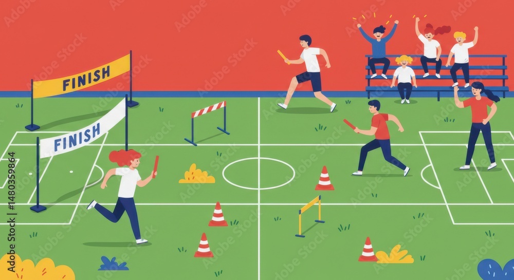 Fototapeta premium Energetic Kids Relay Race Competition on Field