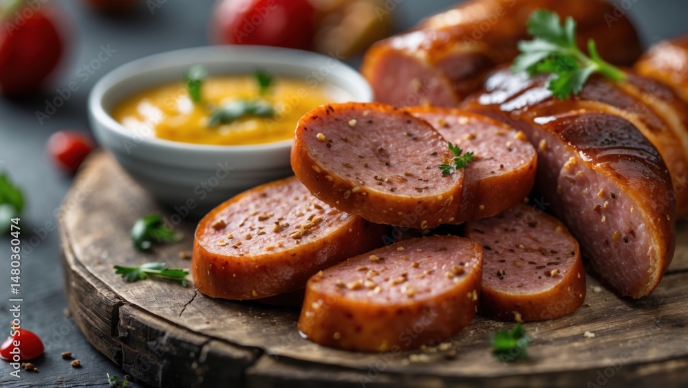 Sliced smoked sausage served with a yellow mustard dip on a rustic wooden board, garnished with green herbs Sliced smoked sausage served with a yellow mustard dip on a rustic wooden board, garnished with green herbs