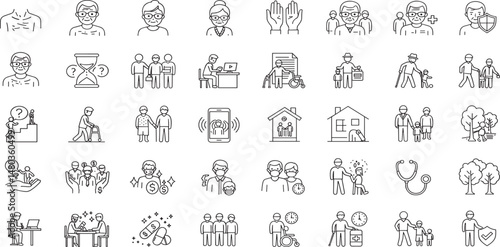 Elderly Line Editable Icons set. Vector illustration in modern thin line style of seniors related icons: active lifestyle, support, care, and more