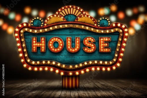 Vintage Illuminated House Sign Retro Wooden Board Glowing Lights Carnival Style