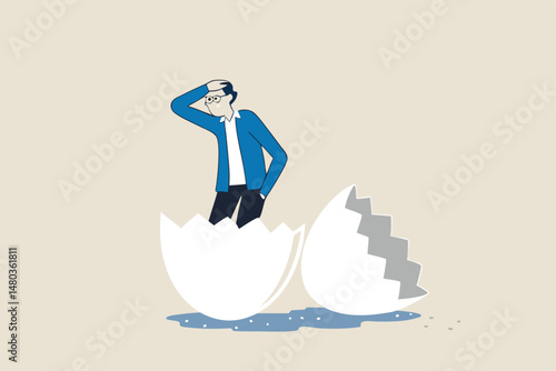 Newbie or beginner just start new business, entrepreneur or start up, begin new job position or out of comfort or safe zone concept, ambitious businessman worker just hatched from cracked egg.