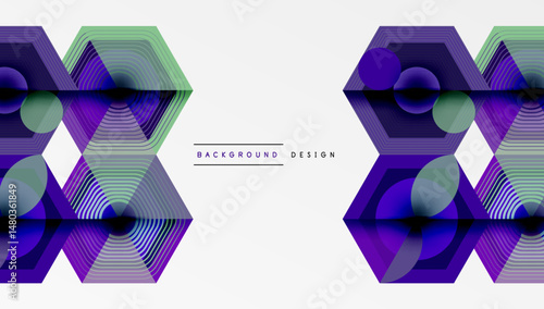 Abstract geometric pattern. Hexagons, circles create layered visual effect. Purple, green hues dominate design. Modern, clean aesthetic.