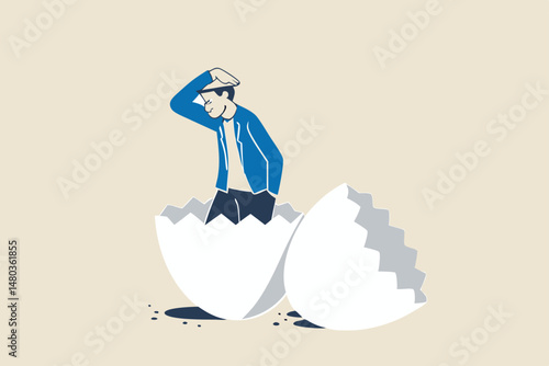 Newbie or beginner just start new business, entrepreneur or start up, begin new job position or out of comfort or safe zone concept, ambitious businessman worker just hatched from cracked egg.