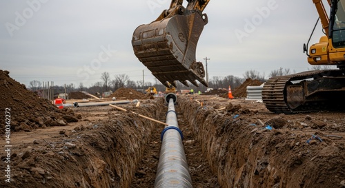 Construction site with excavator laying a pipe - Photo