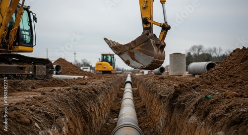 Excavator installing pipeline, photo