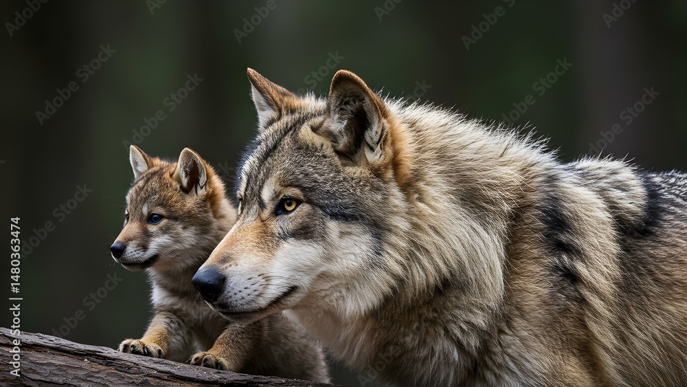 Obraz premium Wolf and pup in forest