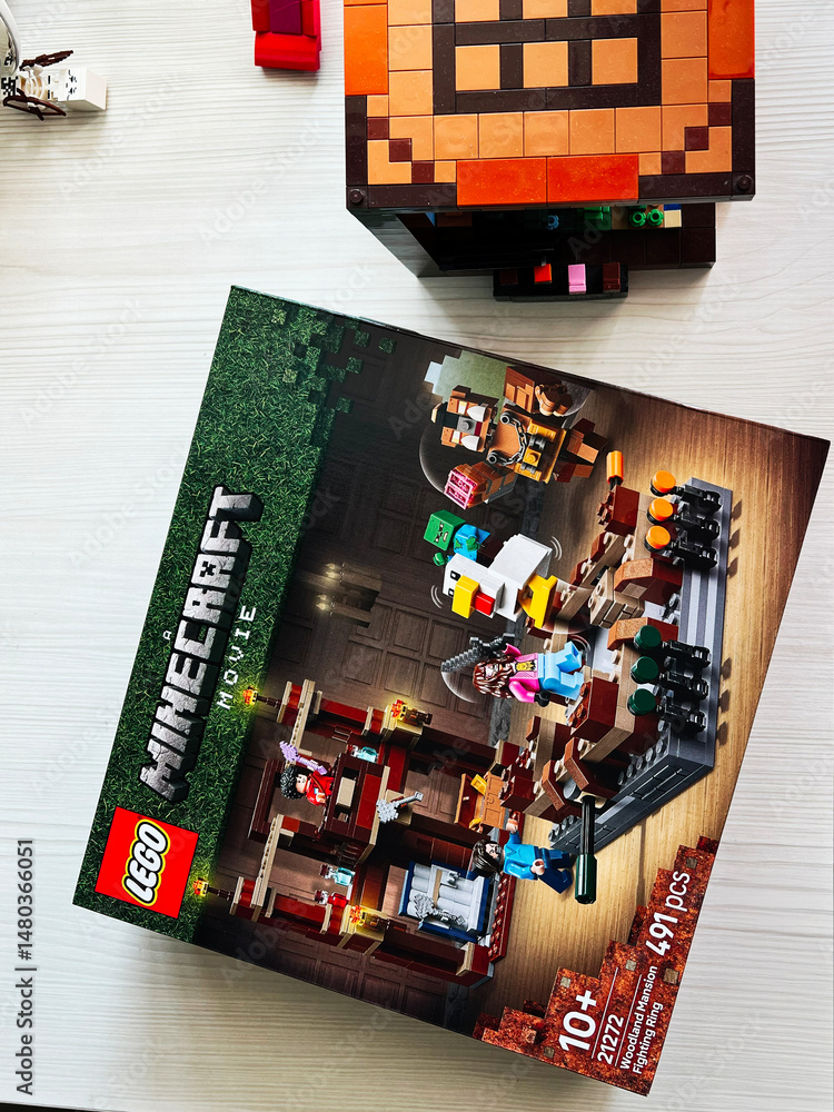 Fototapeta premium Lego Minecraft Movie Woodland Scene With Construction Pieces And Figures Displayed