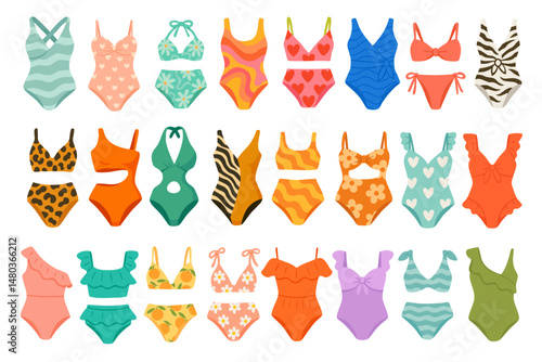 Bright cartoon swimsuits in various styles and patterns, perfect for summer design and decoration.