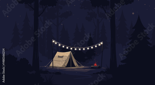 Camping tent with string lights and campfire in the woods at night  