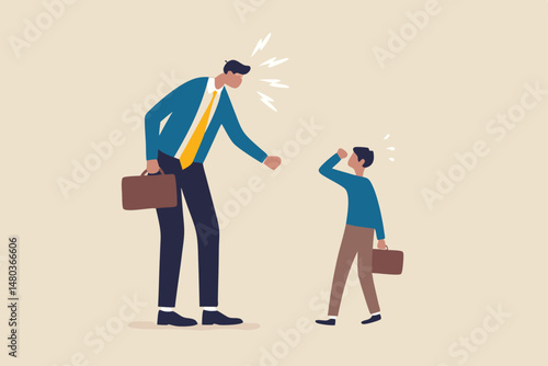 Complainer boss, angry and furious on work failure criticism, underperform employee or conflict in work concept, big boss businessman furious, mad complaining, shouting to sad underperform employee.
