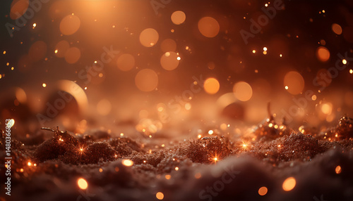 Golden glitter and streamer against black background. Space for text
