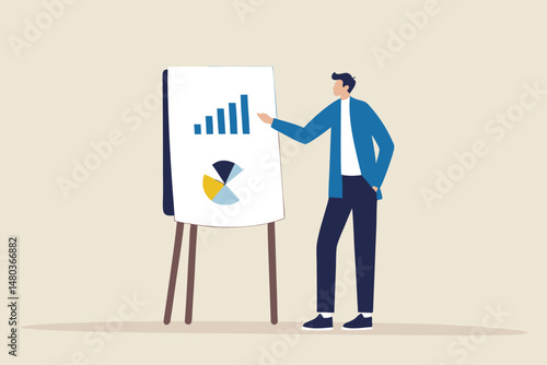 Business presentation, professional speaker to present work progress or investment portfolio concept, smart businessman present business analysis report on whiteboard in company meeting or conference.