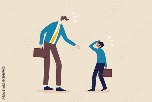 Complainer boss, angry and furious on work failure criticism, underperform employee or conflict in work concept, big boss businessman furious, mad complaining, shouting to sad underperform employee.
