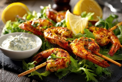 Fototapeta Naklejka Na Ścianę i Meble -  Grilled Shrimp Skewers on Arugula Salad with Lemon and Tzatziki Sauce Close Up Food Photography
