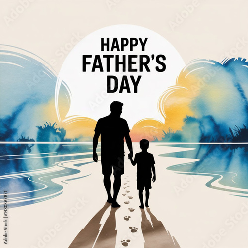 Happy Father's day  illustration. Father and son silhouette with blue watercolor background Cartoon child sitting on father shoulder. Young man walking with father. Fatherhood lifestyle. EPS 10