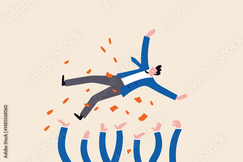 Job promotion celebration, winning prize, success in work or goal achievement congratulation party concept, joyful company colleagues throwing their happy boss into the air celebrating team success.