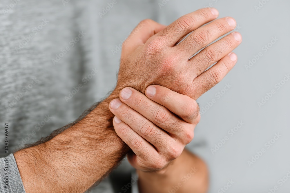 Fototapeta premium Wrist Pain Relief: Man Massaging Sore Wrist - Carpal Tunnel Syndrome Treatment. Gray Background. Photography.