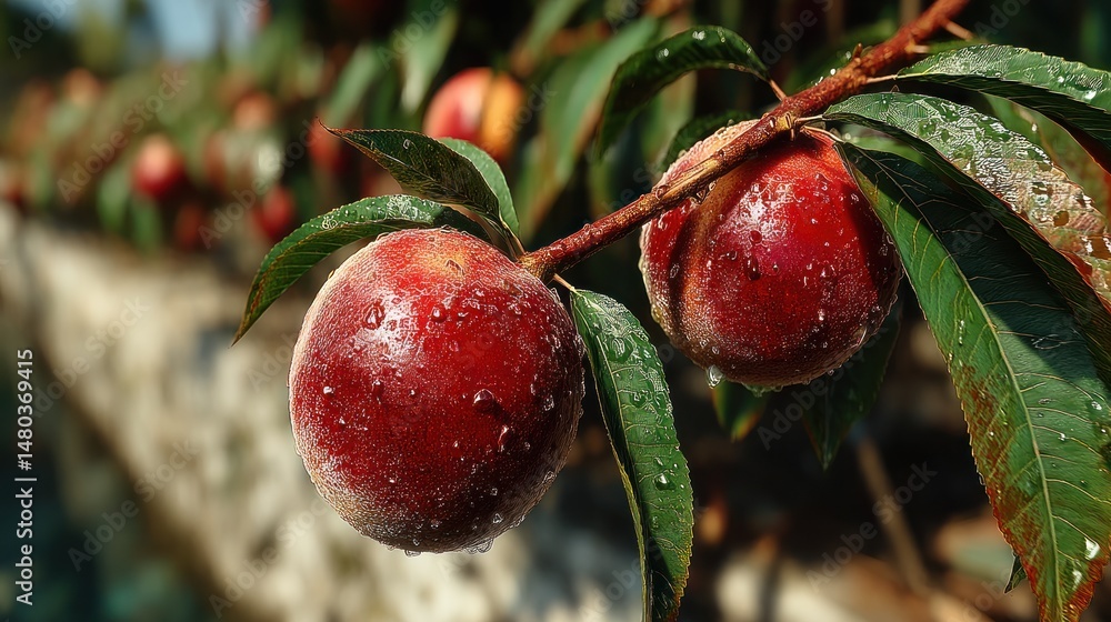 Obraz premium Ripe peaches hanging from branch with water droplets