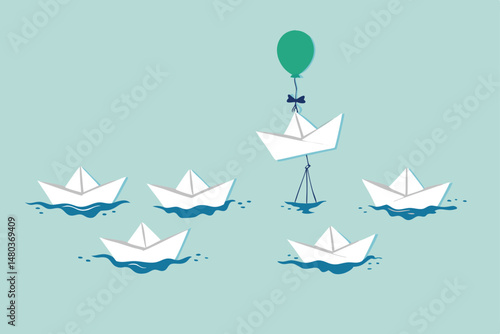 Think different, innovation to change from routine traditional thinking concept, stand out origami paper boat flying with air balloon in different path instead of follow others.