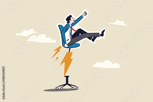 Boost your career development, job promoted to higher position or start new opportunity and motivation to succeed concept, businessman sitting on take off office chair with jetpack or rocket booster.
