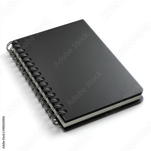 Black Spiral Notebook Mockup PSD: Blank Cover Journal, Wire-Bound Notepad, Sketchbook on White Background - Stock Photo