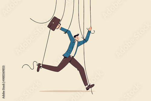 Freedom for work and decision making, authority to work independently, stop micromanagement, or people manipulation concept, businessman marionette, puppeteer use scissors to cut controlled strings.