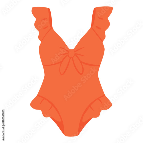 Bright orange one-piece swimsuit with ruffled straps and bow, cute and feminine beachwear.