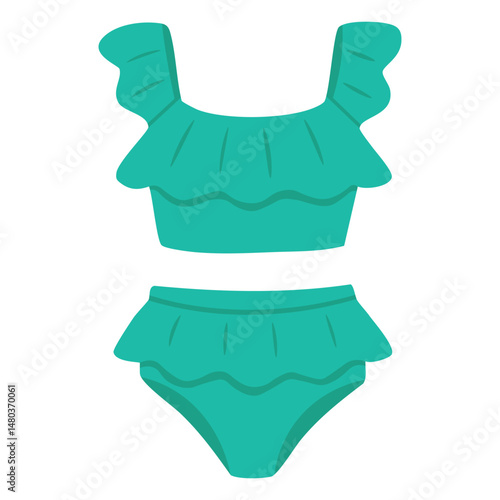 Adorable teal bikini with layered ruffles and wide straps, perfect for playful summer days.