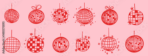 Hand drawn disco ball icon doodle in trendy style vector doodle icon mirror glittering with stars. Ideal for wedding, graduation party design templates