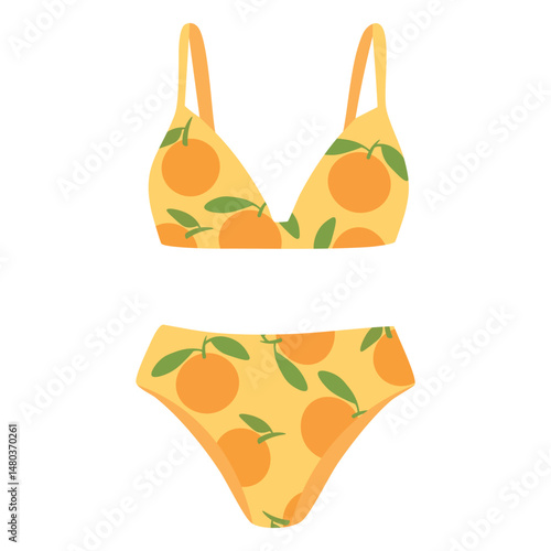 Bright yellow bikini with playful orange fruit pattern, ideal for summer beach or pool days.