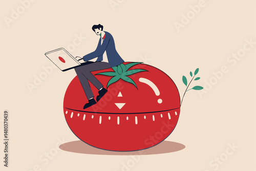 Pomodoro technique to increase work productivity, set timer to focus work and break or rest concept, smart businessman focus on working with laptop computer sitting on Pomodoro tomato timer stopwatch.